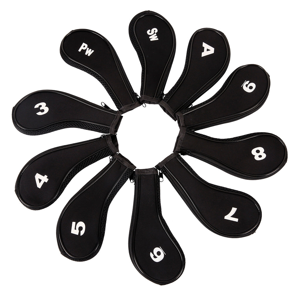 Golf Club Iron Head Covers 10 Piece Set Headcover Shaft Protector Black with White Golf Accessorise FoneFunShop