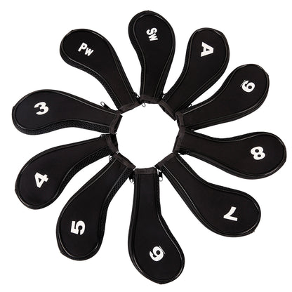 Golf Club Iron Head Covers 10 Piece Set Headcover Shaft Protector Black with White Golf Accessorise FoneFunShop