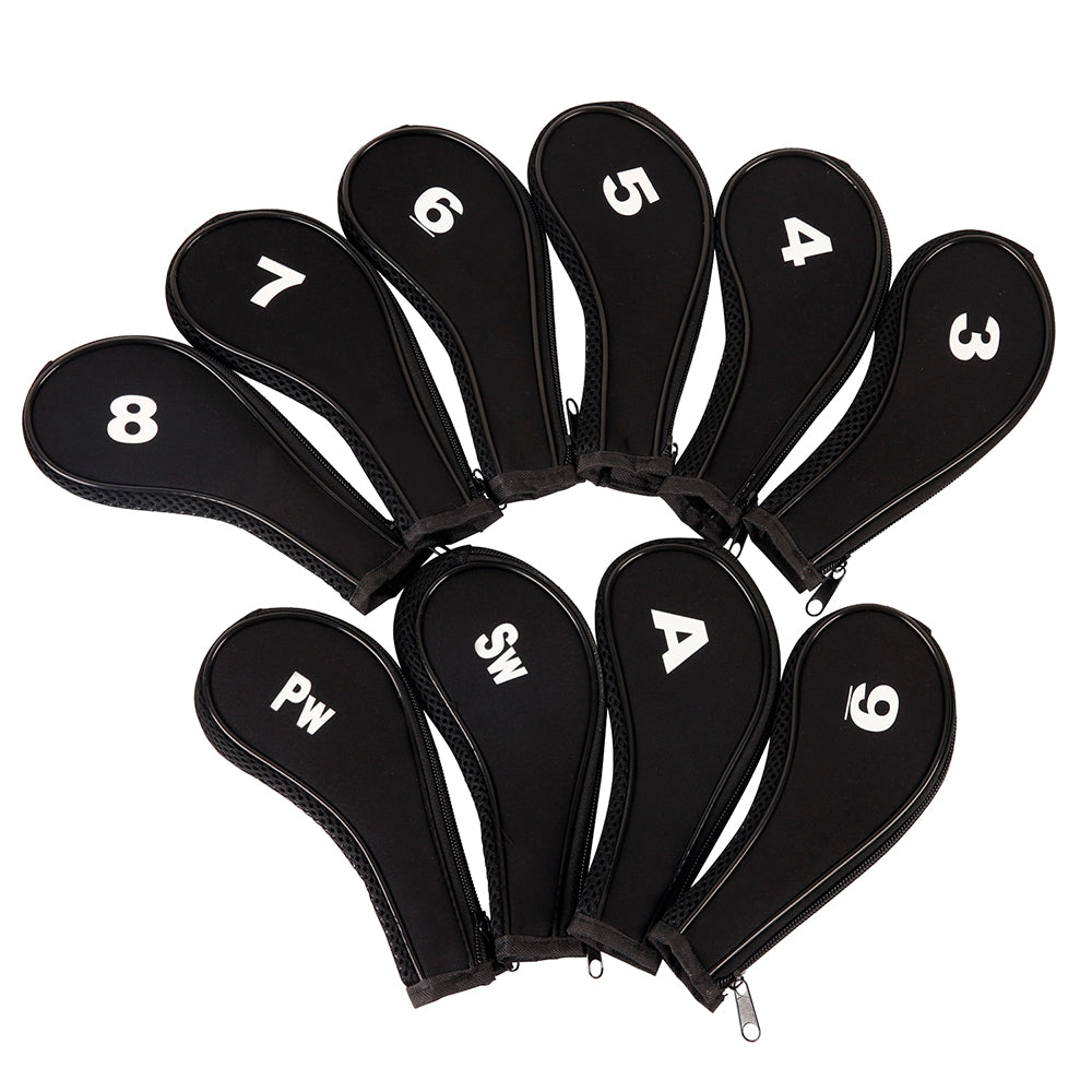 Golf Club Iron Head Covers 10 Piece Set Headcover Shaft Protector Black with White Golf Accessorise FoneFunShop