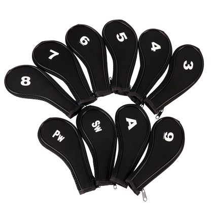 Golf Club Iron Head Covers 10 Piece Set Headcover Shaft Protector Black with White Golf Accessorise FoneFunShop