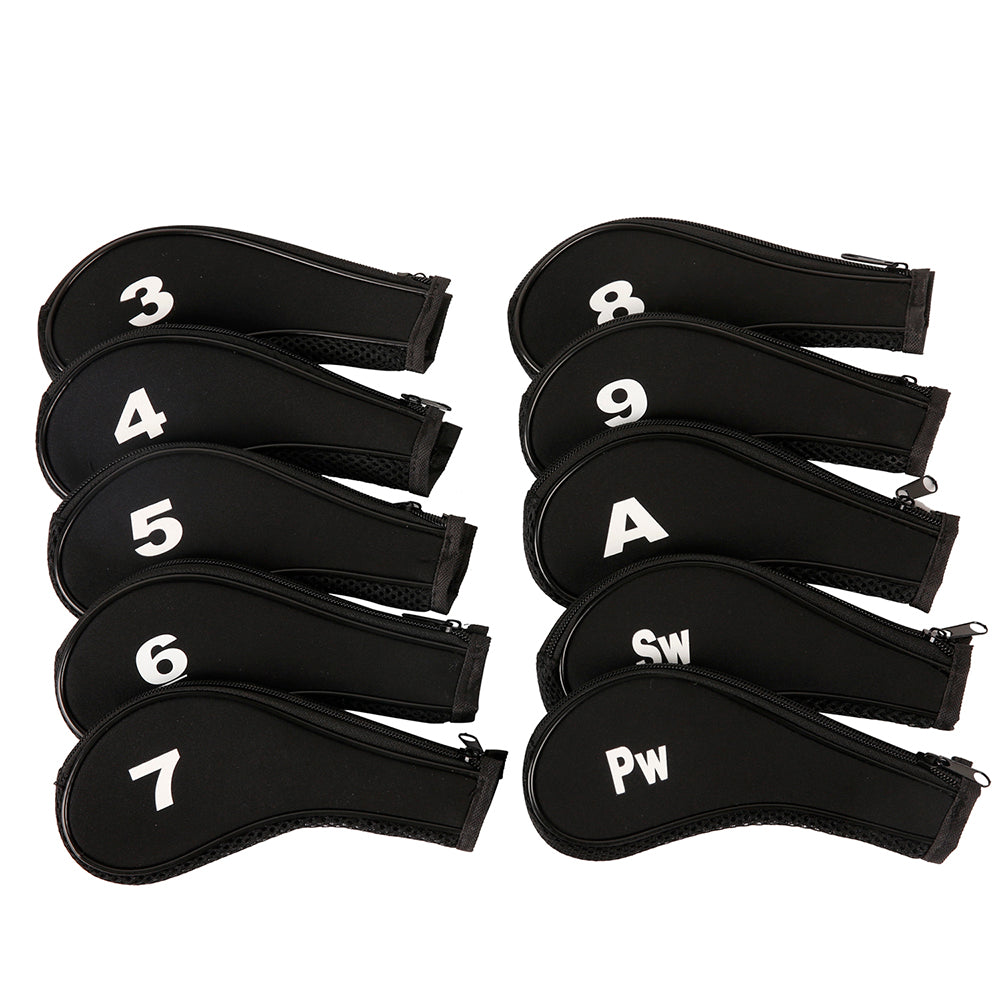 Golf Club Iron Head Covers 10 Piece Set Headcover Shaft Protector Black with White Golf Accessorise FoneFunShop