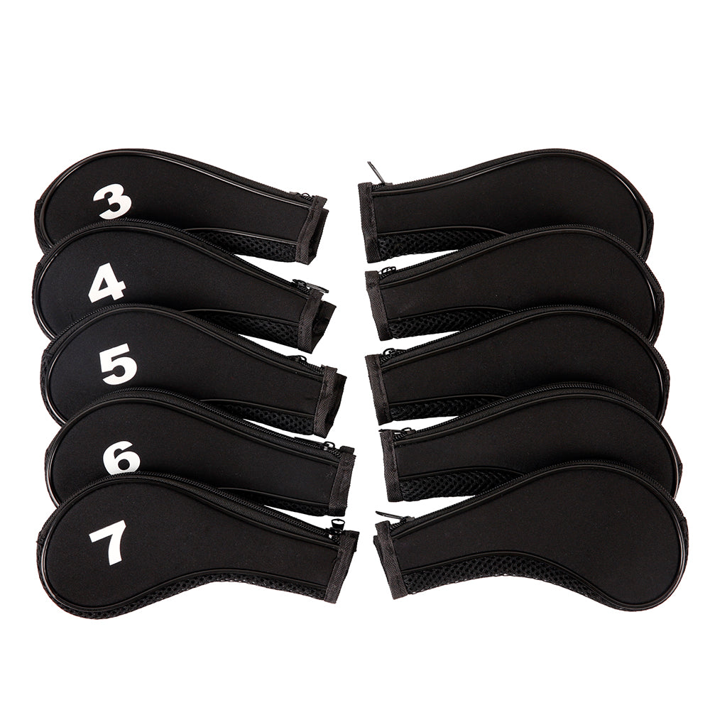 Golf Club Iron Head Covers 10 Piece Set Headcover Shaft Protector Black with White Golf Accessorise FoneFunShop
