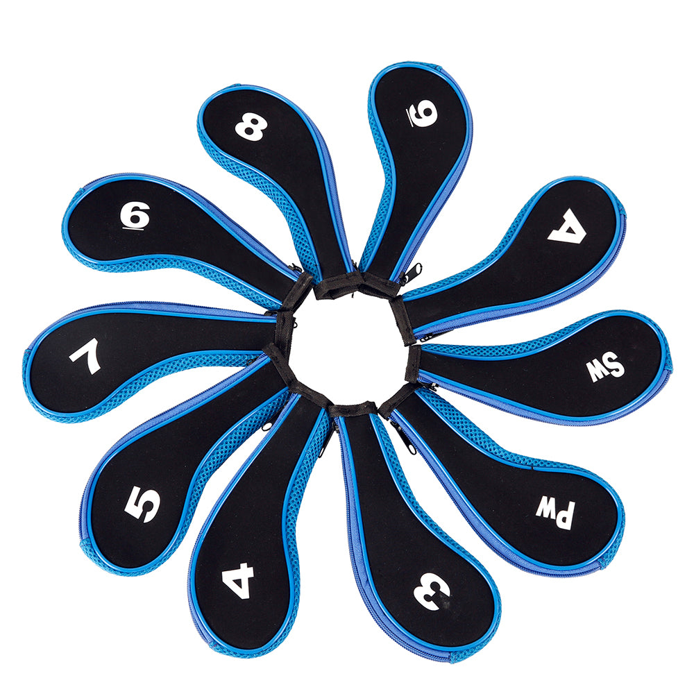 Golf Club Iron Head Covers 10 Piece Set Headcover Shaft Protector Black Blue with White Golf Accessorise FoneFunShop