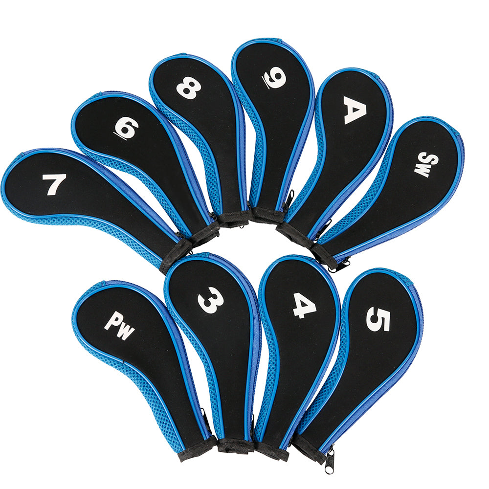 Golf Club Iron Head Covers 10 Piece Set Headcover Shaft Protector Black Blue with White Golf Accessorise FoneFunShop