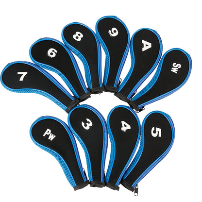 Golf Club Iron Head Covers 10 Piece Set Headcover Shaft Protector Black Blue with White Golf Accessorise FoneFunShop