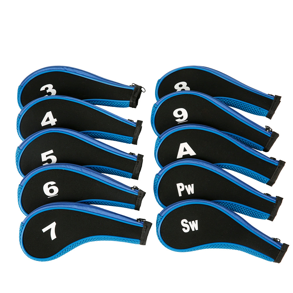 Golf Club Iron Head Covers 10 Piece Set Headcover Shaft Protector Black Blue with White Golf Accessorise FoneFunShop