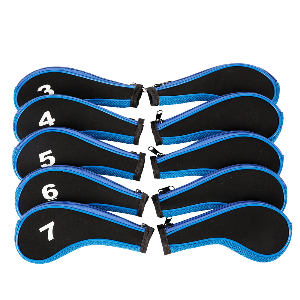 Golf Club Iron Head Covers 10 Piece Set Headcover Shaft Protector Black Blue with White Golf Accessorise FoneFunShop