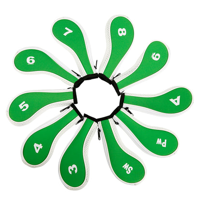 Golf Club Iron Head Covers 10 Piece Set Headcover Shaft Protector Green with White Golf Accessorise FoneFunShop