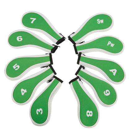 Golf Club Iron Head Covers 10 Piece Set Headcover Shaft Protector Green with White Golf Accessorise FoneFunShop