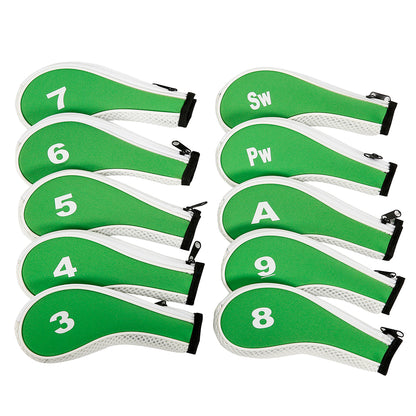 Golf Club Iron Head Covers 10 Piece Set Headcover Shaft Protector Green with White Golf Accessorise FoneFunShop