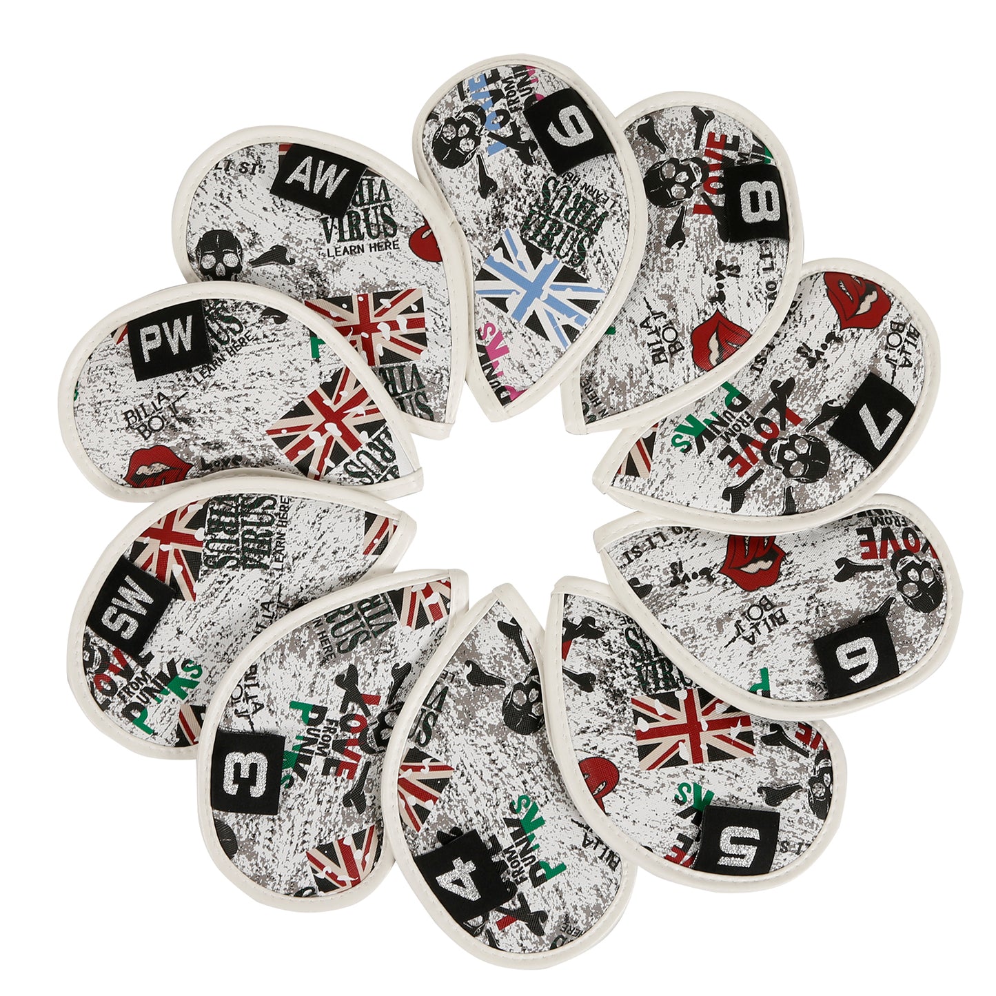 Leather Golf Club Iron Head Covers 10 Piece Set Union Jack Newspaper Headcover Protector Red Golf Accessorise FoneFunShop