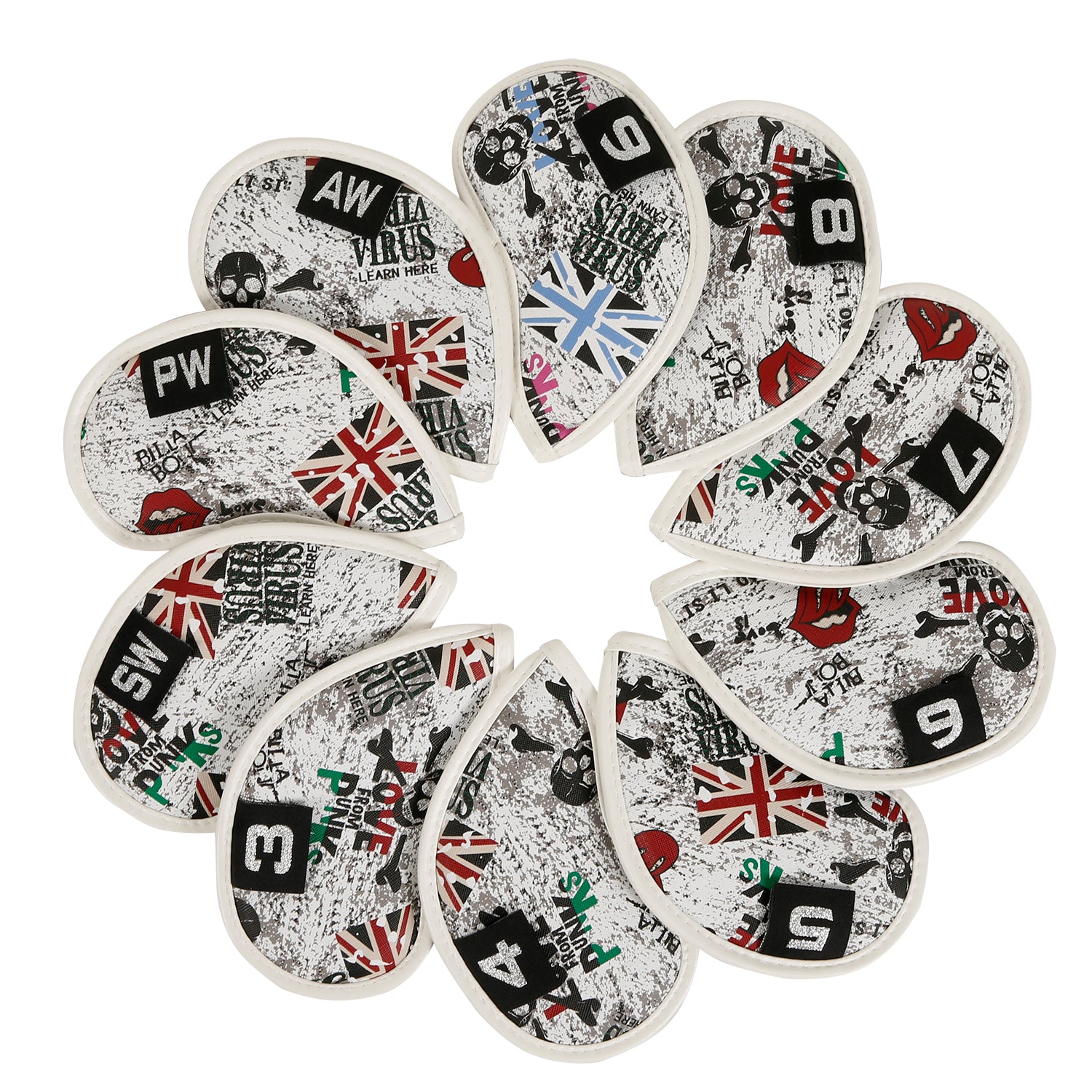 Leather Golf Club Iron Head Covers 10 Piece Set Union Jack Newspaper Headcover Protector Red Golf Accessorise FoneFunShop