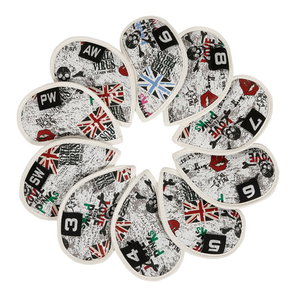 Leather Golf Club Iron Head Covers 10 Piece Set Union Jack Newspaper Headcover Protector Red Golf Accessorise FoneFunShop