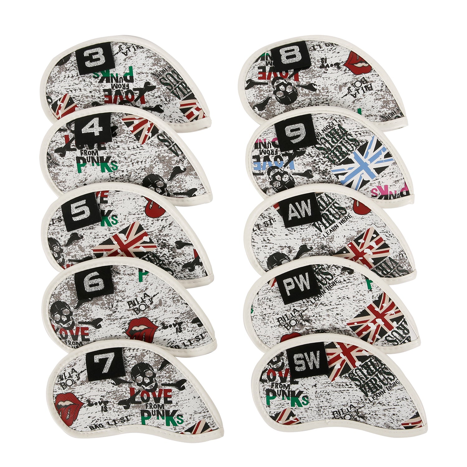 Leather Golf Club Iron Head Covers 10 Piece Set Union Jack Newspaper Headcover Protector Red Golf Accessorise FoneFunShop