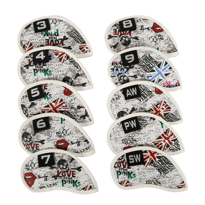 Leather Golf Club Iron Head Covers 10 Piece Set Union Jack Newspaper Headcover Protector Red Golf Accessorise FoneFunShop