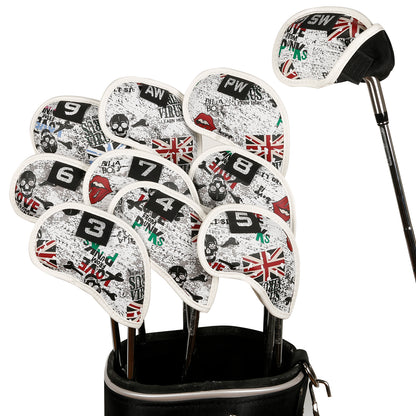 Leather Golf Club Iron Head Covers 10 Piece Set Union Jack Newspaper Headcover Protector Red Golf Accessorise FoneFunShop