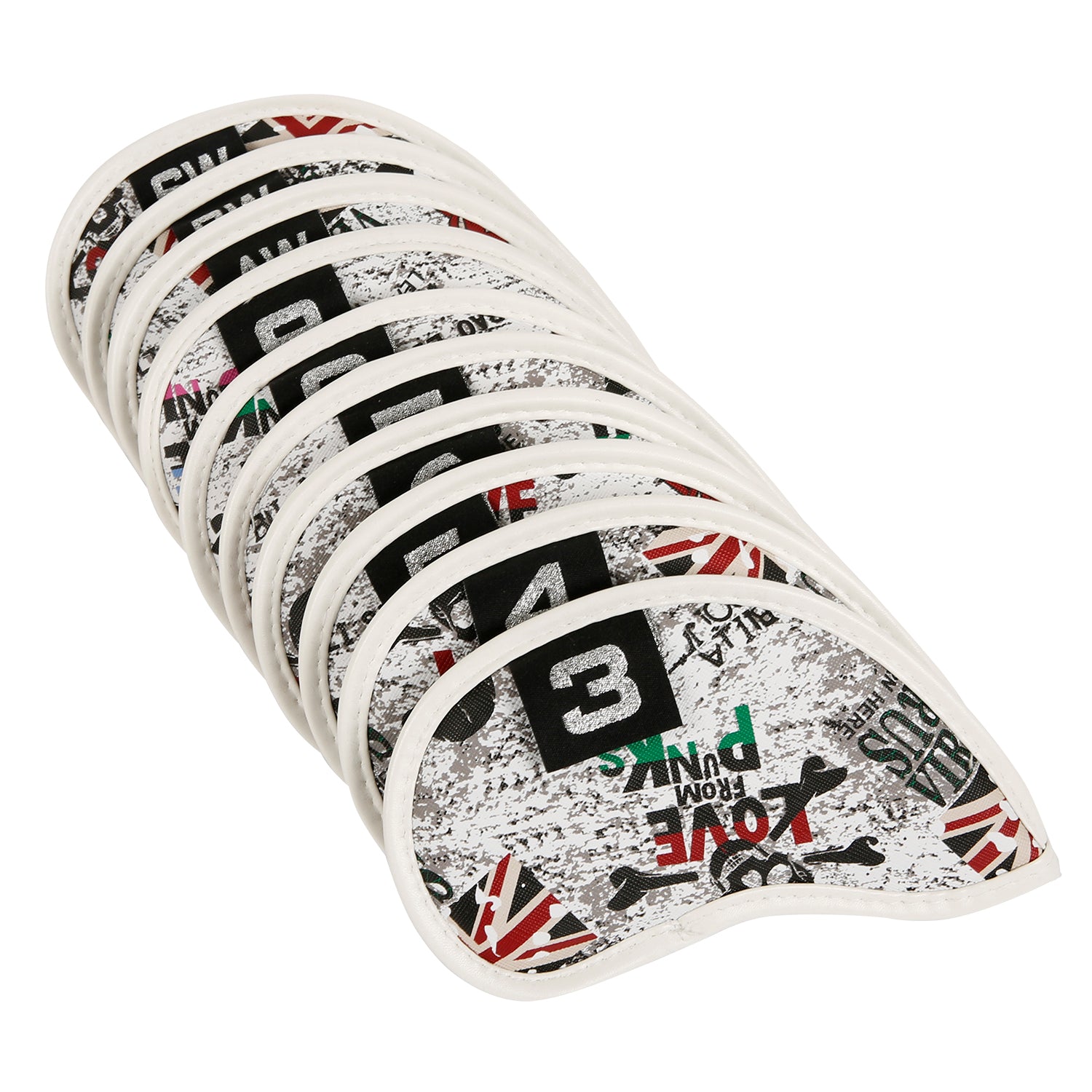 Leather Golf Club Iron Head Covers 10 Piece Set Union Jack Newspaper Headcover Protector Red Golf Accessorise FoneFunShop