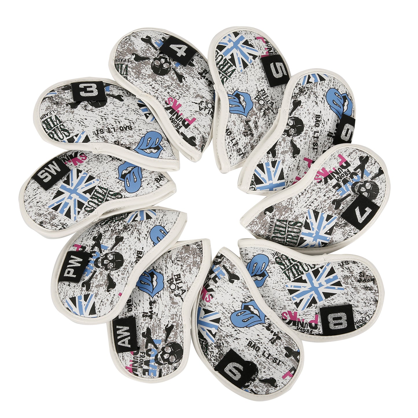 Leather Golf Club Iron Head Covers 10 Piece Set Union Jack Skull Punk Headcover Protector Blue Golf Accessorise FoneFunShop