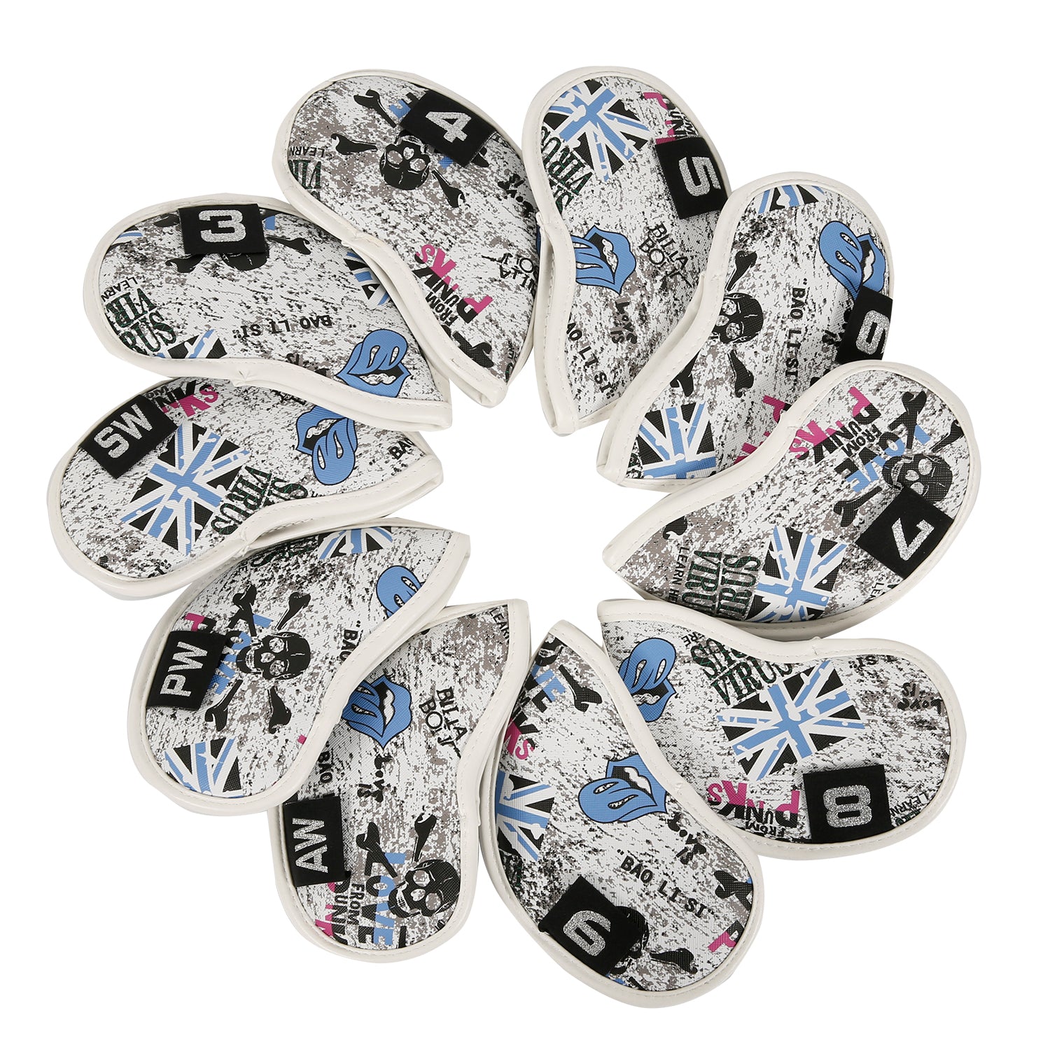 Leather Golf Club Iron Head Covers 10 Piece Set Union Jack Skull Punk Headcover Protector Blue Golf Accessorise FoneFunShop