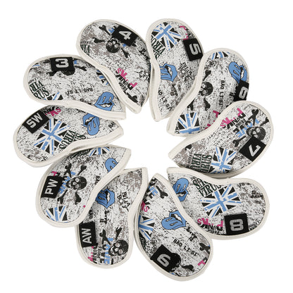 Leather Golf Club Iron Head Covers 10 Piece Set Union Jack Skull Punk Headcover Protector Blue Golf Accessorise FoneFunShop