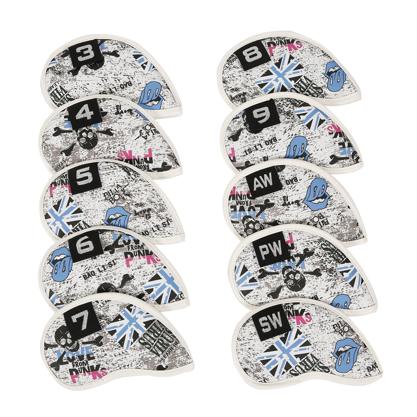 Leather Golf Club Iron Head Covers 10 Piece Set Union Jack Skull Punk Headcover Protector Blue Golf Accessorise FoneFunShop