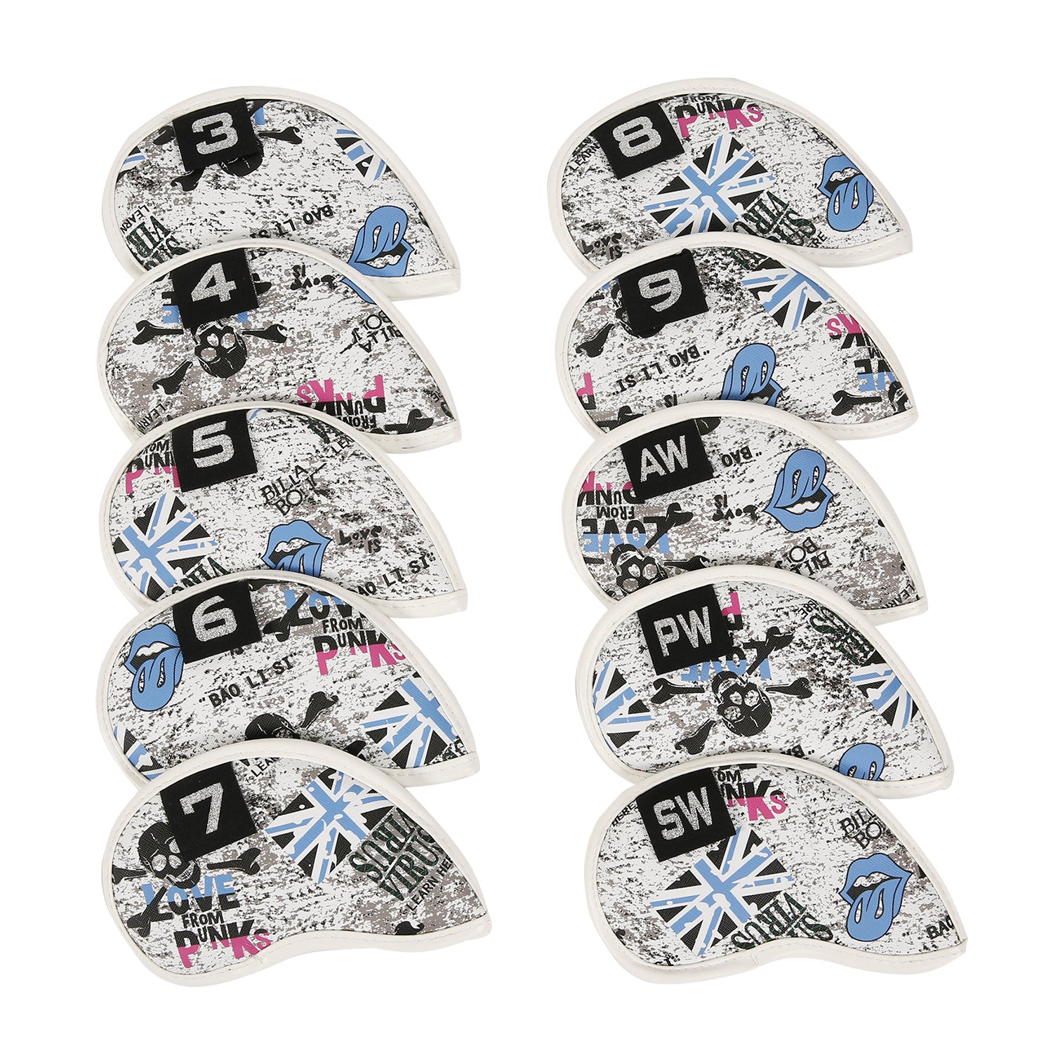 Leather Golf Club Iron Head Covers 10 Piece Set Union Jack Skull Punk Headcover Protector Blue Golf Accessorise FoneFunShop