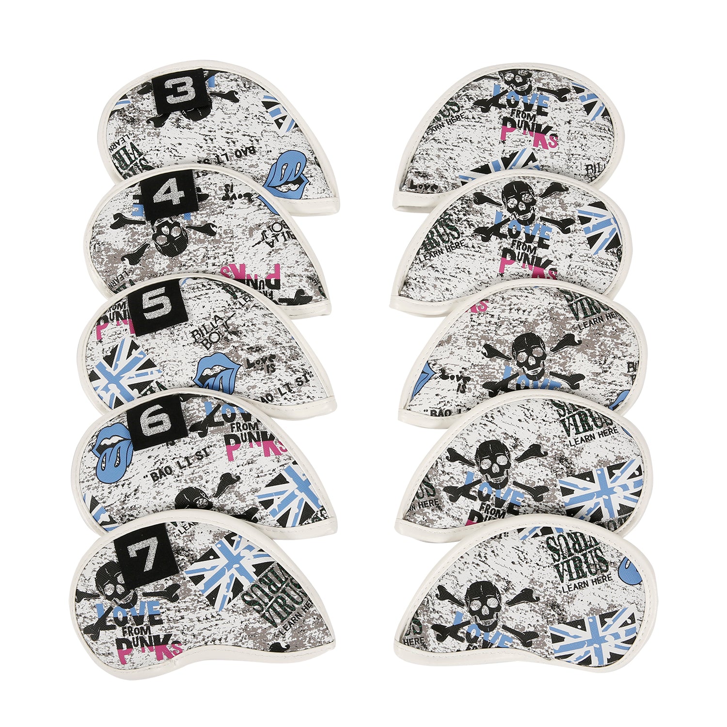 Leather Golf Club Iron Head Covers 10 Piece Set Union Jack Skull Punk Headcover Protector Blue Golf Accessorise FoneFunShop