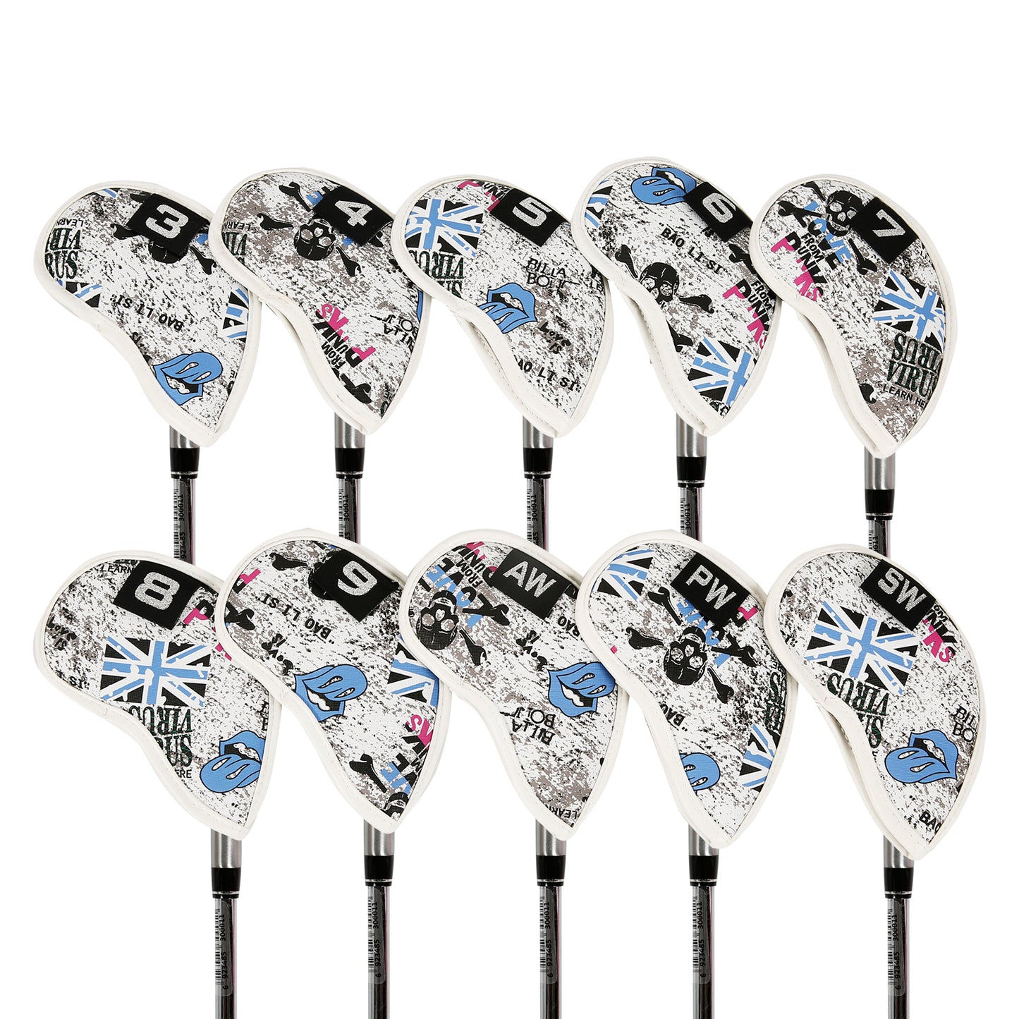 Leather Golf Club Iron Head Covers 10 Piece Set Union Jack Skull Punk Headcover Protector Blue Golf Accessorise FoneFunShop