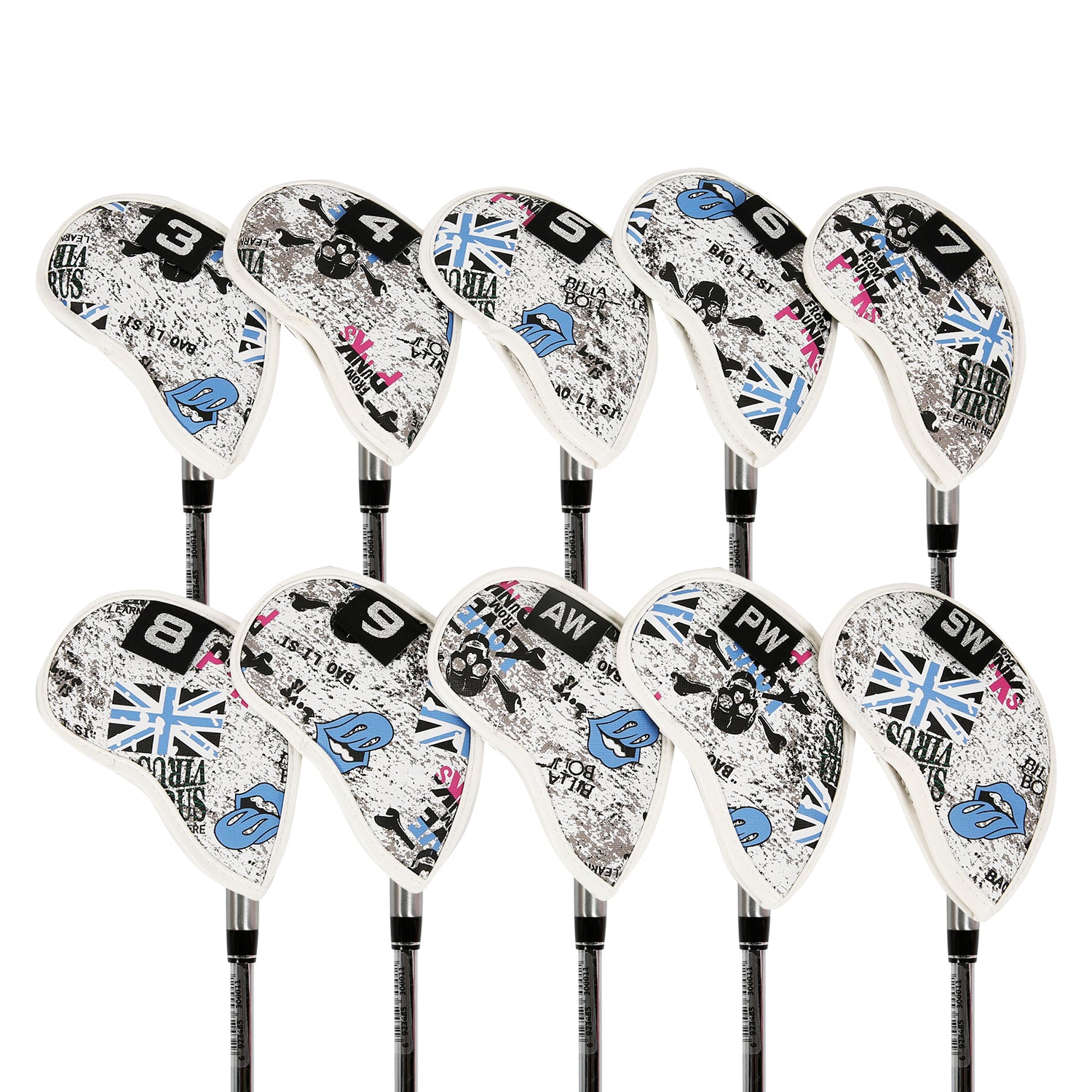 Leather Golf Club Iron Head Covers 10 Piece Set Union Jack Skull Punk Headcover Protector Blue Golf Accessorise FoneFunShop