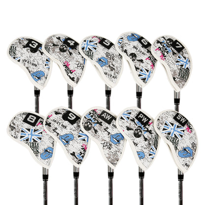 Leather Golf Club Iron Head Covers 10 Piece Set Union Jack Skull Punk Headcover Protector Blue Golf Accessorise FoneFunShop