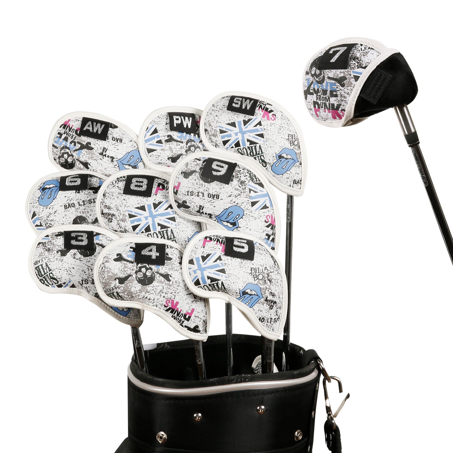 Leather Golf Club Iron Head Covers 10 Piece Set Union Jack Skull Punk Headcover Protector Blue Golf Accessorise FoneFunShop