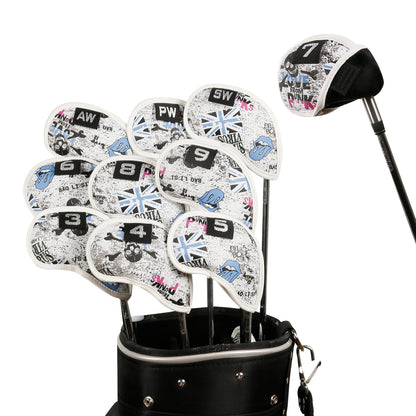 Leather Golf Club Iron Head Covers 10 Piece Set Union Jack Skull Punk Headcover Protector Blue Golf Accessorise FoneFunShop