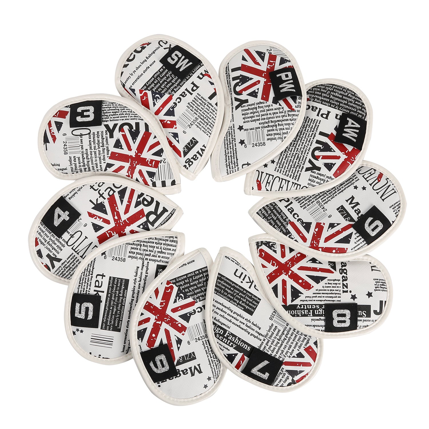 Leather Golf Club Iron Head Covers 10 Piece Set Union Jack Skull Punk Headcover Protector Red with Blue Golf Accessorise FoneFunShop