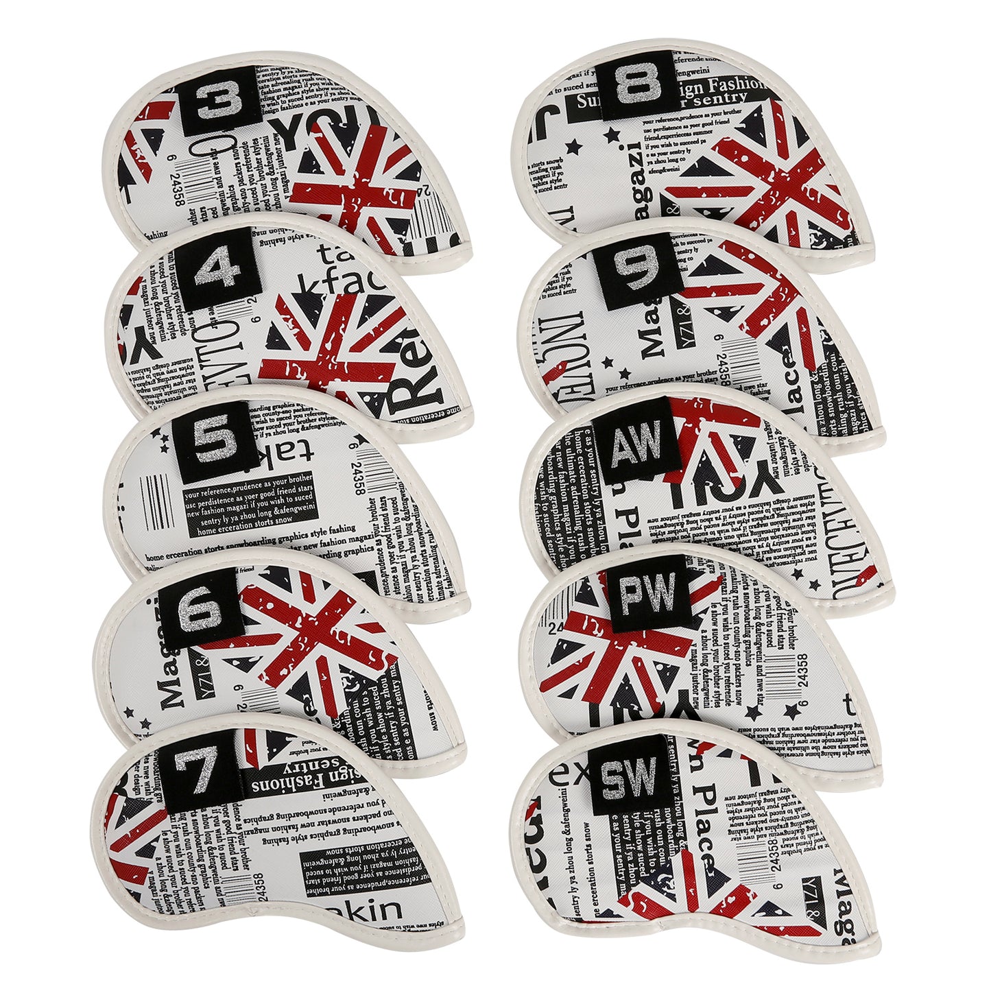 Leather Golf Club Iron Head Covers 10 Piece Set Union Jack Skull Punk Headcover Protector Red with Blue Golf Accessorise FoneFunShop