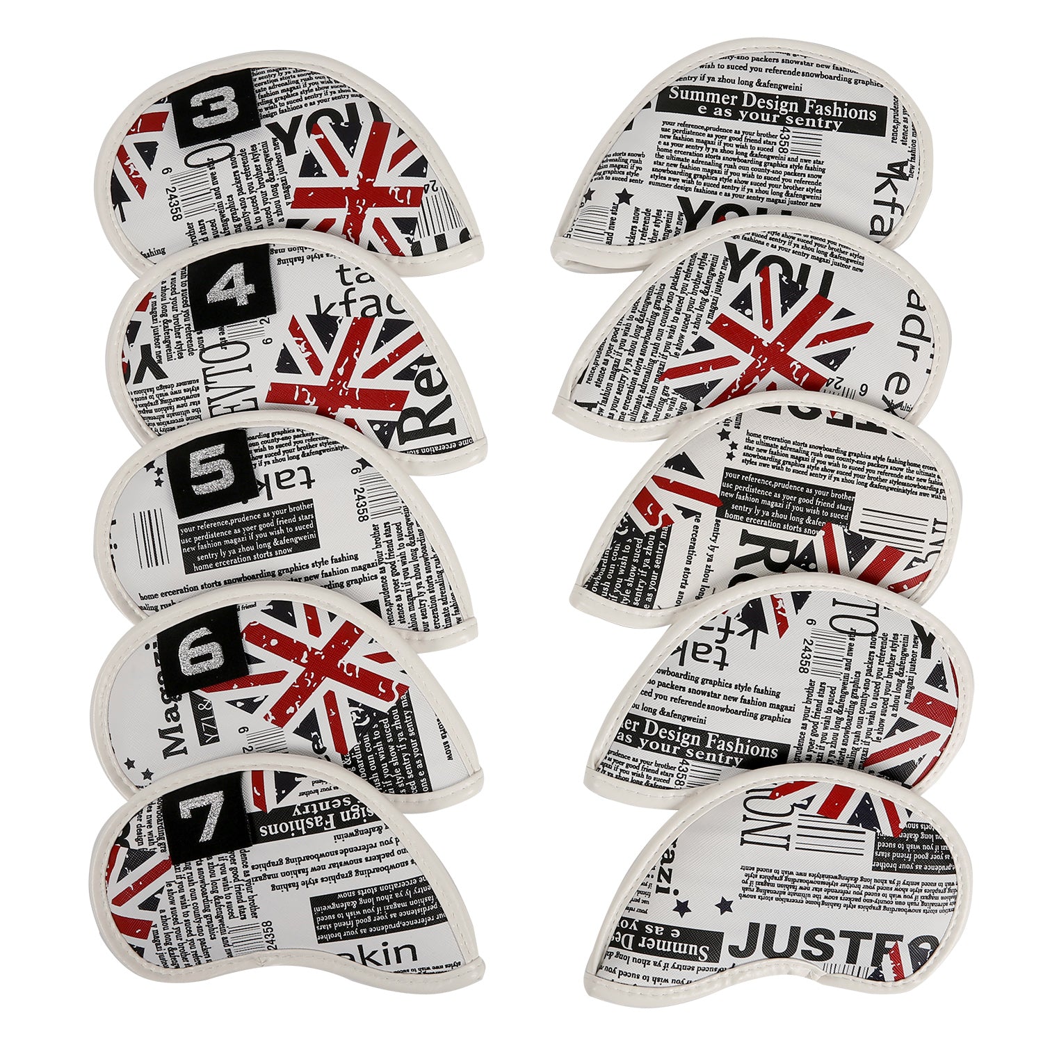 Leather Golf Club Iron Head Covers 10 Piece Set Union Jack Skull Punk Headcover Protector Red with Blue Golf Accessorise FoneFunShop