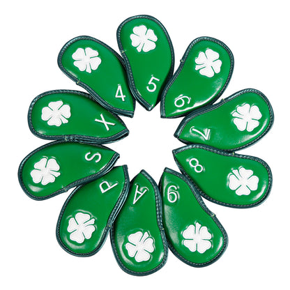 Leather Golf Club Iron Head Covers | 10 Piece Set | Green with White 4 Leaf Clover Shamrock Golf Accessorise FoneFunShop