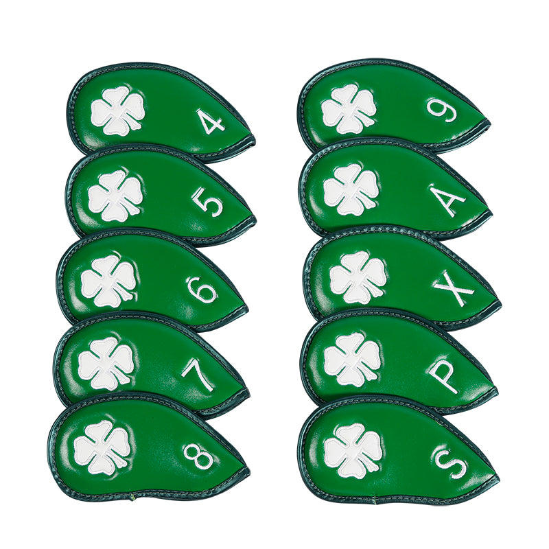 Leather Golf Club Iron Head Covers | 10 Piece Set | Green with White 4 Leaf Clover Shamrock Golf Accessorise FoneFunShop