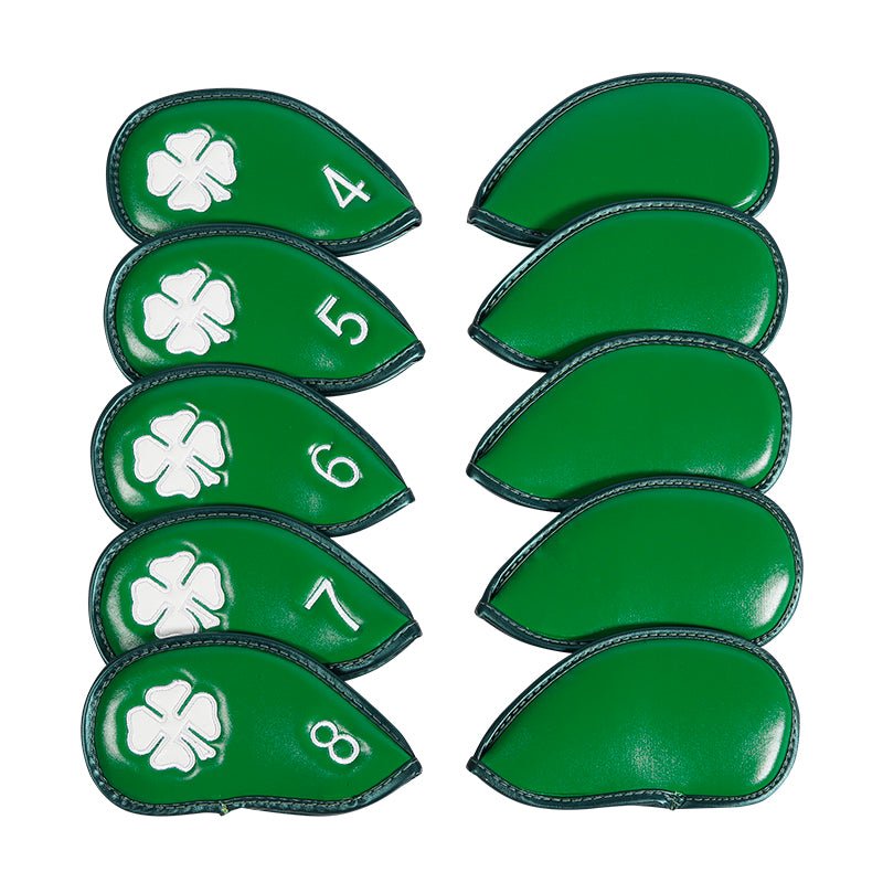 Leather Golf Club Iron Head Covers | 10 Piece Set | Green with White 4 Leaf Clover Shamrock Golf Accessorise FoneFunShop