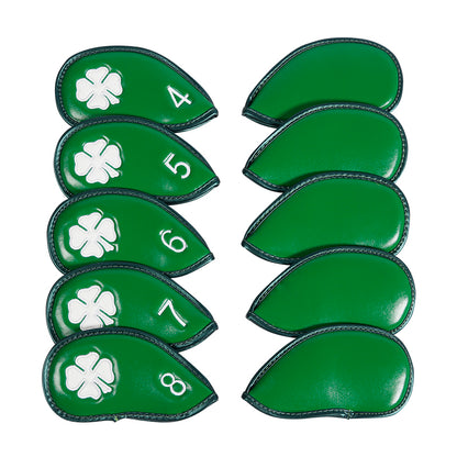 Leather Golf Club Iron Head Covers | 10 Piece Set | Green with White 4 Leaf Clover Shamrock Golf Accessorise FoneFunShop