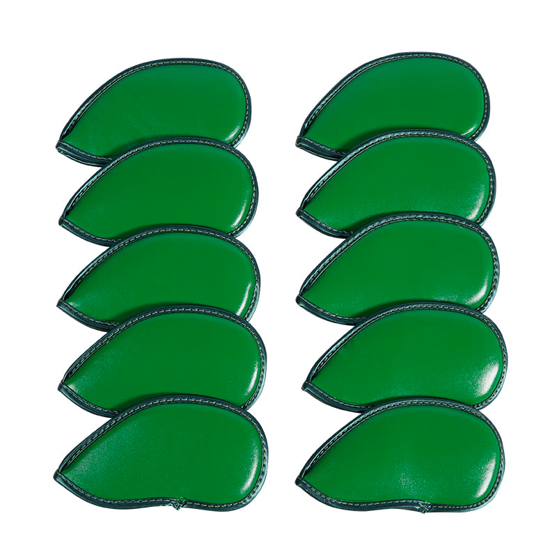 Leather Golf Club Iron Head Covers | 10 Piece Set | Green with White 4 Leaf Clover Shamrock Golf Accessorise FoneFunShop