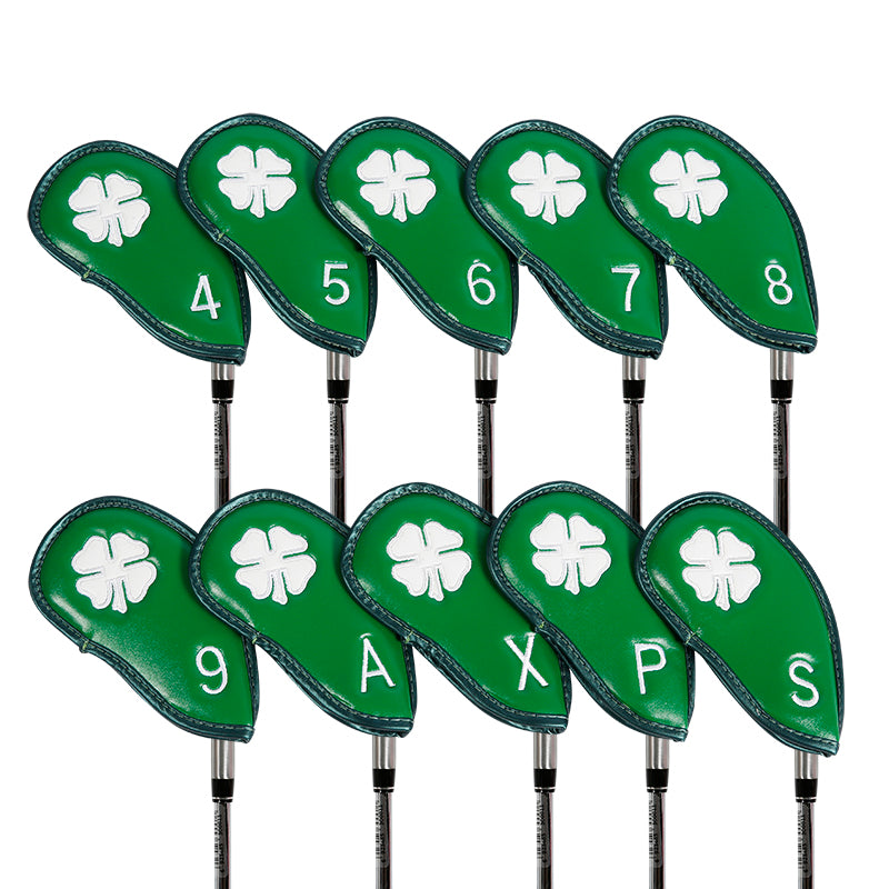 Leather Golf Club Iron Head Covers | 10 Piece Set | Green with White 4 Leaf Clover Shamrock Golf Accessorise FoneFunShop