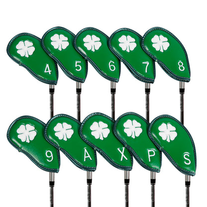 Leather Golf Club Iron Head Covers | 10 Piece Set | Green with White 4 Leaf Clover Shamrock Golf Accessorise FoneFunShop