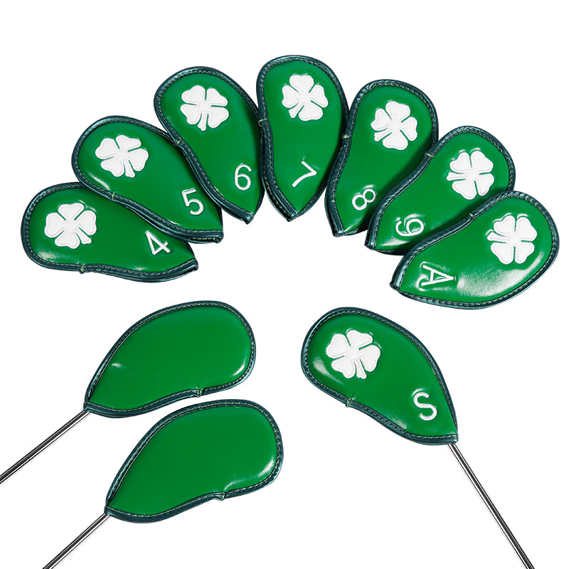 Leather Golf Club Iron Head Covers | 10 Piece Set | Green with White 4 Leaf Clover Shamrock Golf Accessorise FoneFunShop