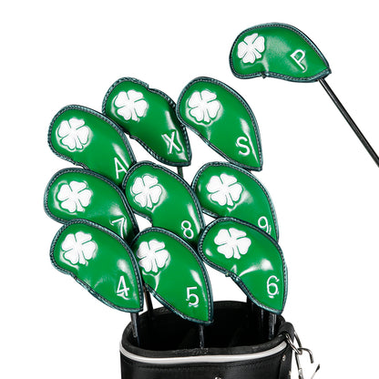 Leather Golf Club Iron Head Covers | 10 Piece Set | Green with White 4 Leaf Clover Shamrock Golf Accessorise FoneFunShop