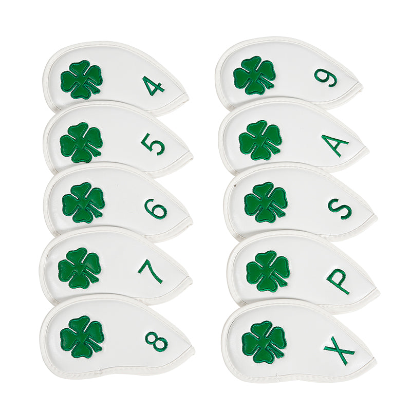 Leather Golf Club Iron Head Covers | 10 Piece Set | White with Green 4 Leaf Clover Shamrock Golf Accessorise FoneFunShop