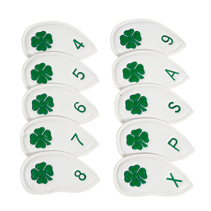 Leather Golf Club Iron Head Covers | 10 Piece Set | White with Green 4 Leaf Clover Shamrock Golf Accessorise FoneFunShop