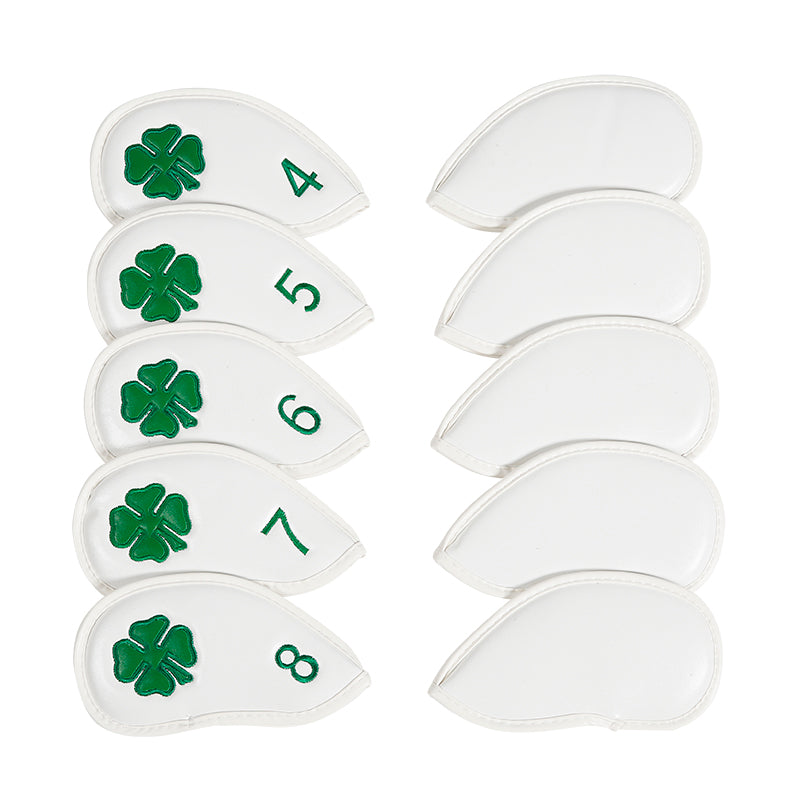 Leather Golf Club Iron Head Covers | 10 Piece Set | White with Green 4 Leaf Clover Shamrock Golf Accessorise FoneFunShop