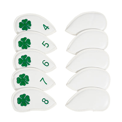 Leather Golf Club Iron Head Covers | 10 Piece Set | White with Green 4 Leaf Clover Shamrock Golf Accessorise FoneFunShop