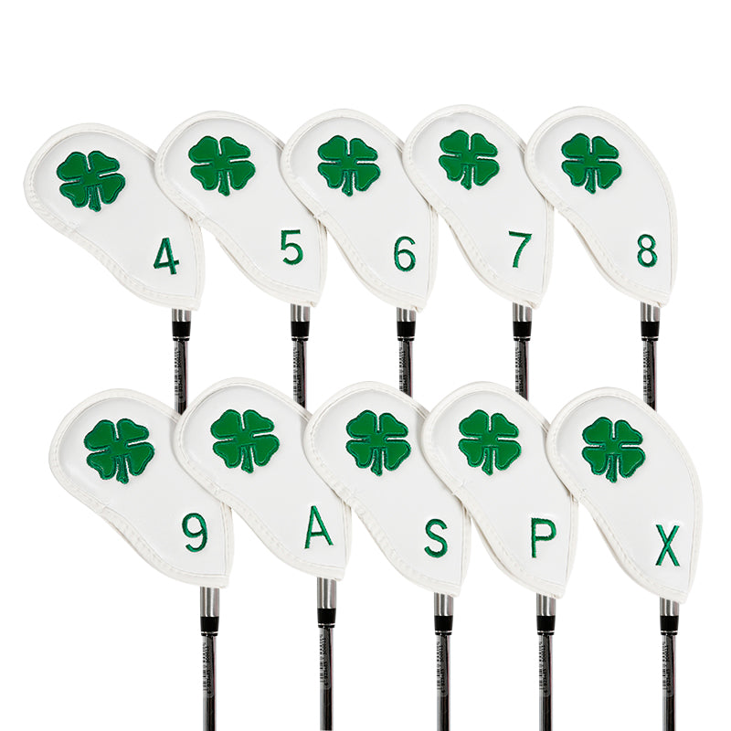 Leather Golf Club Iron Head Covers | 10 Piece Set | White with Green 4 Leaf Clover Shamrock Golf Accessorise FoneFunShop
