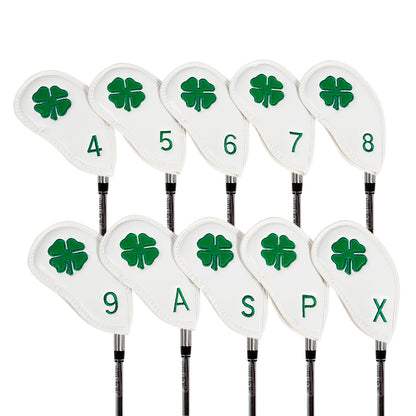 Leather Golf Club Iron Head Covers | 10 Piece Set | White with Green 4 Leaf Clover Shamrock Golf Accessorise FoneFunShop